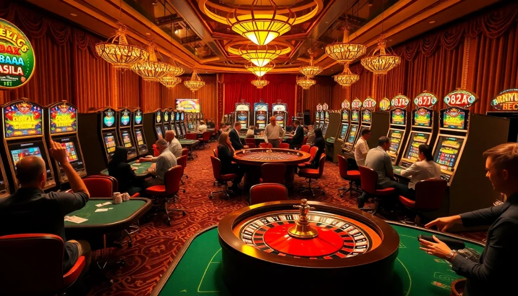 88AA casino scene filled with vibrant slot machines and players at card tables.