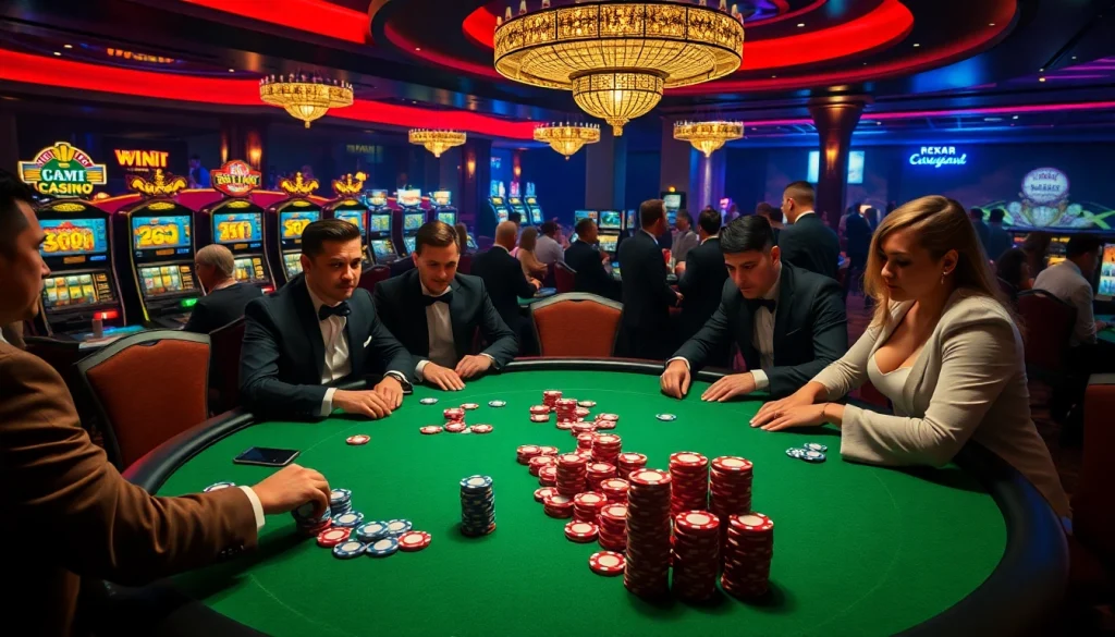 Players strategizing in a high-stakes poker game at new888 casino, vibrant chips scattered around.