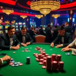 Players strategizing in a high-stakes poker game at new888 casino, vibrant chips scattered around.