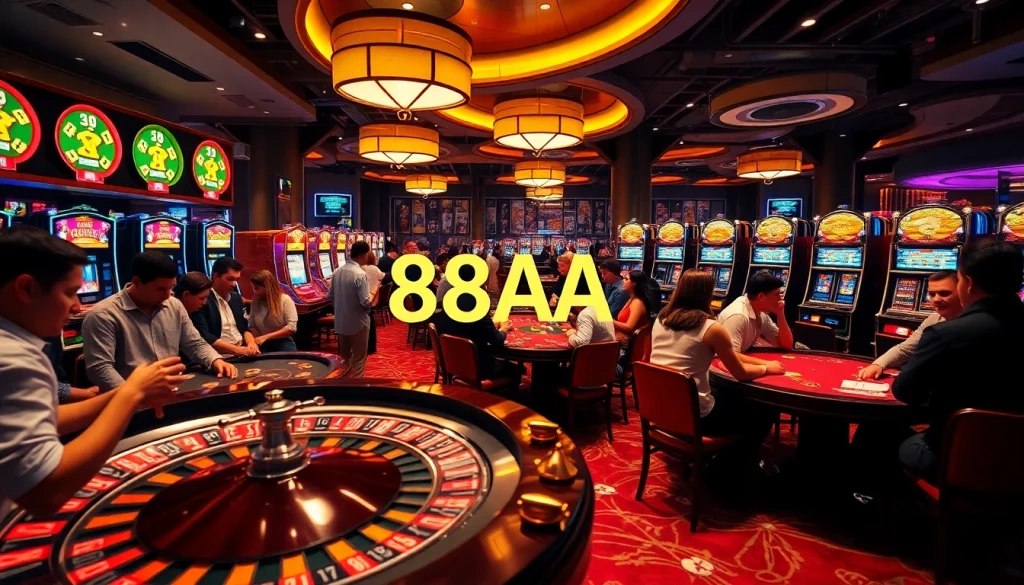 88AA casino scene with players enjoying vibrant roulette and card games, highlighting the excitement of gambling.