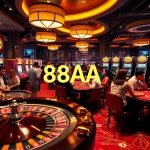 88AA casino scene with players enjoying vibrant roulette and card games, highlighting the excitement of gambling.