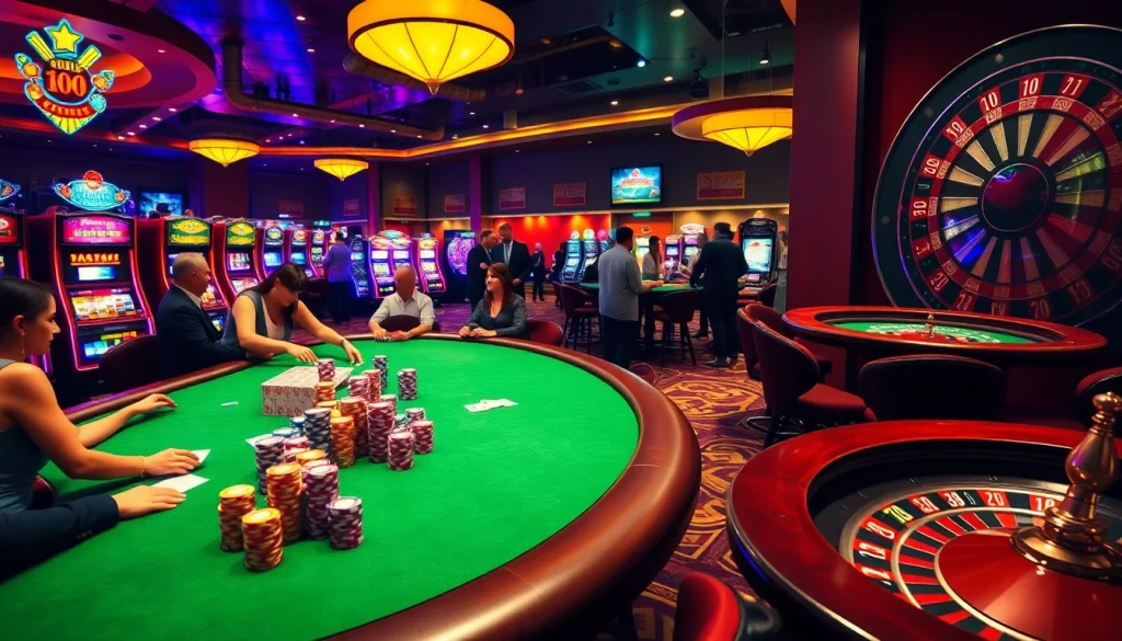 Experience the thrill of winning at Casino PG88 with vibrant tables and excited players engaged in gambling activities.