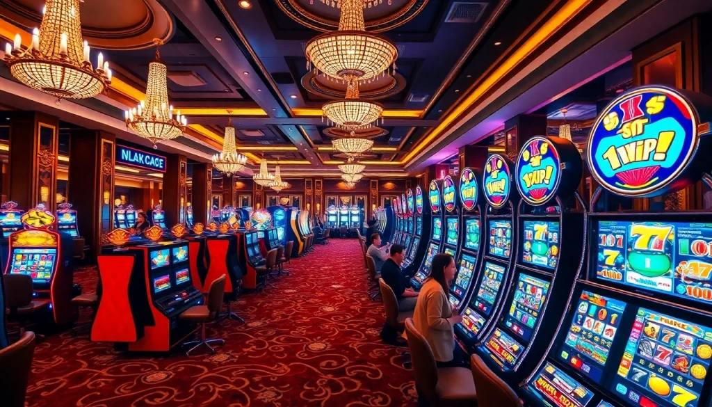 The vibrant atmosphere of nổ hũ showcases excited players winning at colorful jackpot slot machines in a luxurious casino.