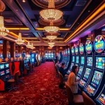 The vibrant atmosphere of nổ hũ showcases excited players winning at colorful jackpot slot machines in a luxurious casino.