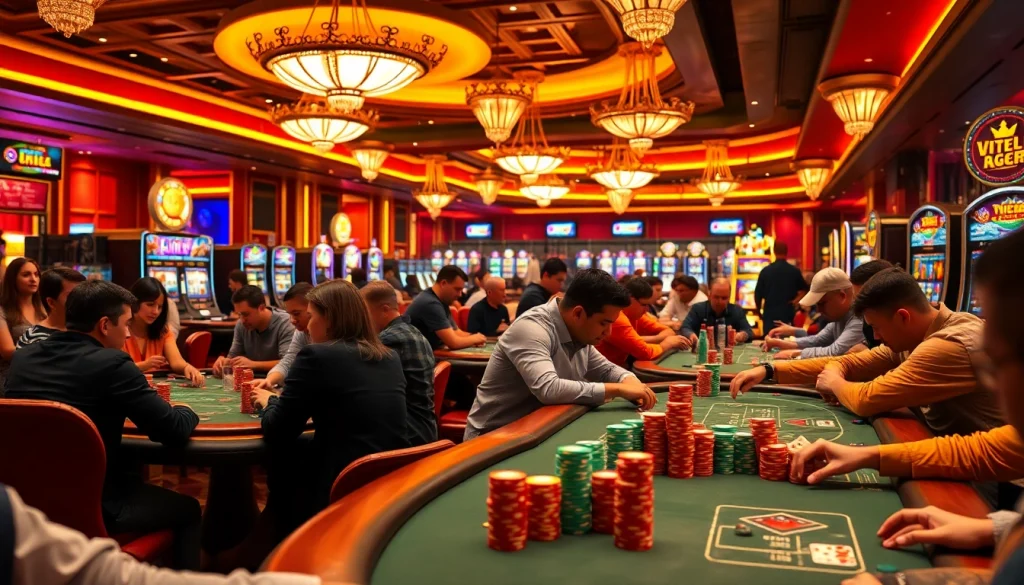 Experience the thrill of gambling with players at a vibrant casino floor engaging around tables, as seen at https://vic88.black/.