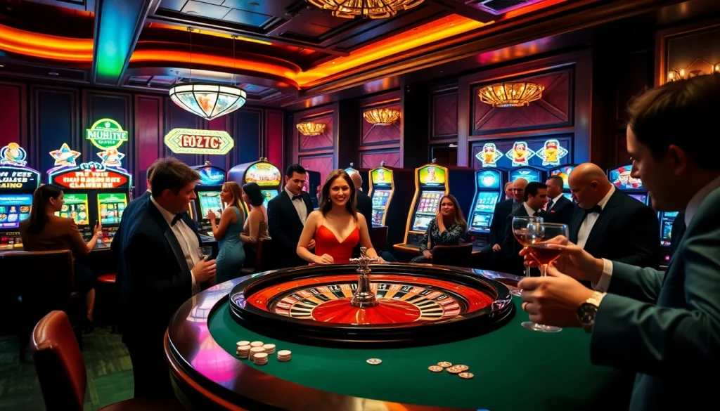 Dynamic casino scene showcasing players enjoying F168 roulette tables and neon slot machines.