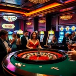 Dynamic casino scene showcasing players enjoying F168 roulette tables and neon slot machines.