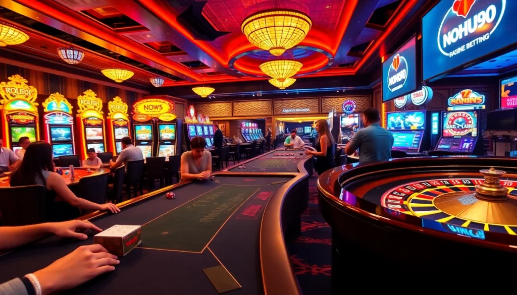 Nohu90's dynamic casino setting showcasing poker tables, lively players, and vibrant slot machines.