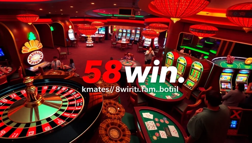 Casino scene showcasing players at tables and slot machines at https://58win.fail/, radiating excitement and potential wins.