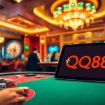 Players enjoying intense poker action at nhà cái qq88's vibrant casino tables, showcasing excitement and competition.