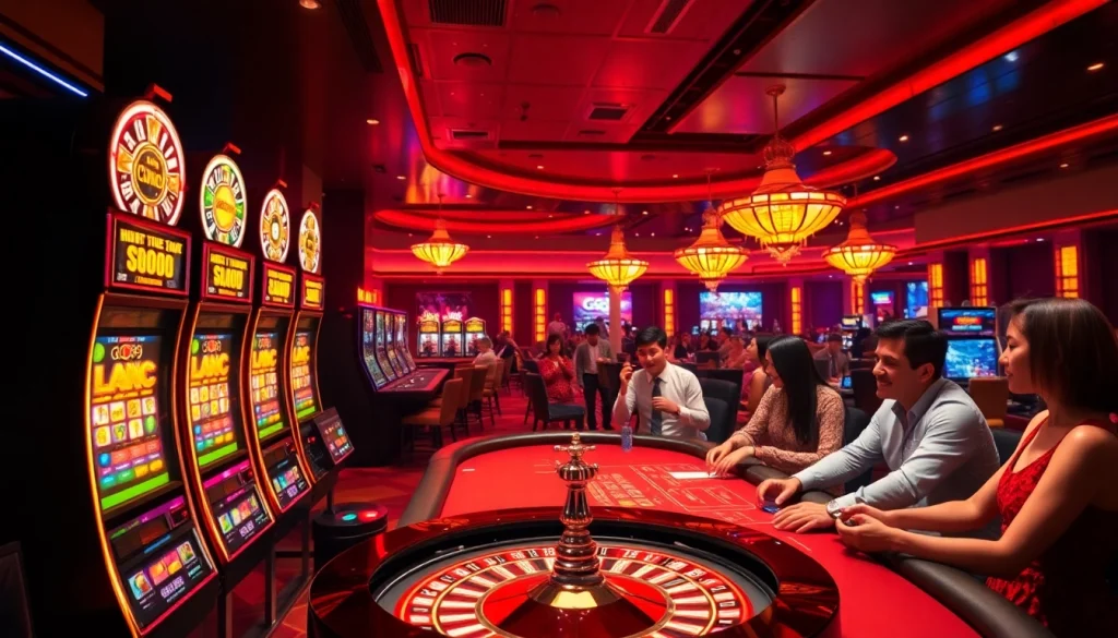 Go99 casino scene depicting players winning at slots and poker tables, highlighting an exciting gambling atmosphere.