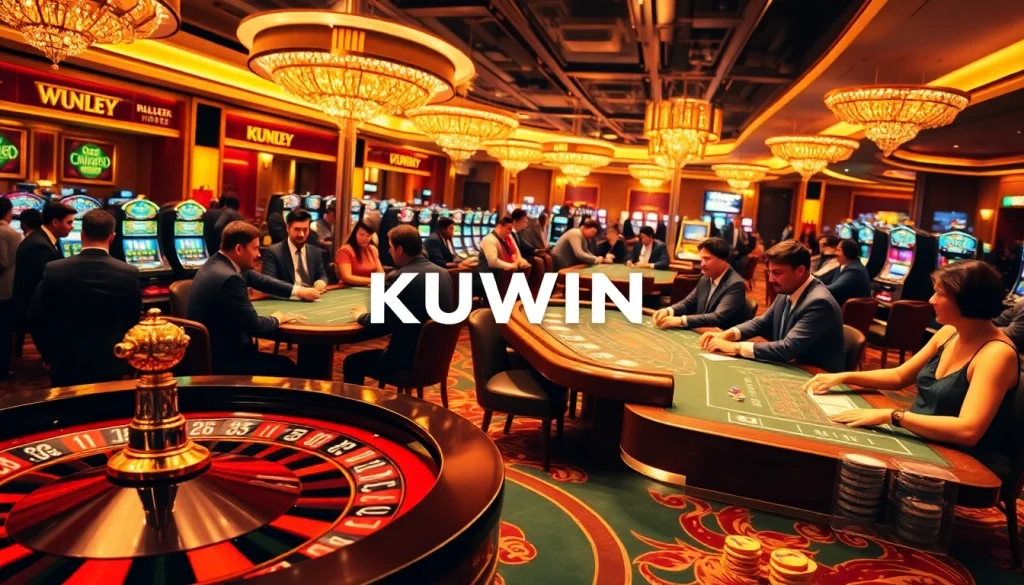 Dynamic casino scene showcasing KUWIN as players engage in roulette and blackjack.