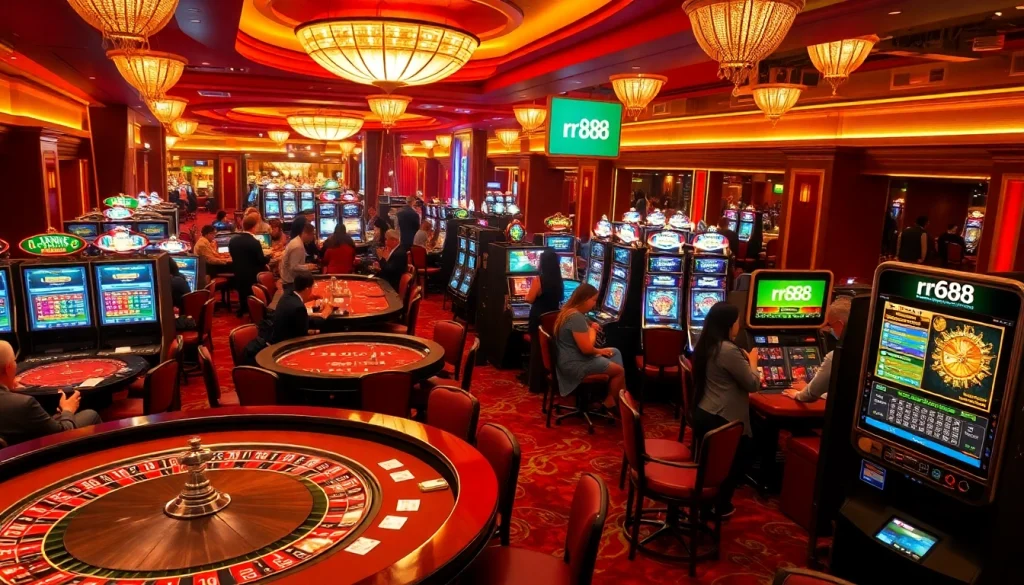 A vibrant casino scene showcasing players at various gambling tables and "rr88" branding in the background.