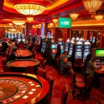 A vibrant casino scene showcasing players at various gambling tables and "rr88" branding in the background.