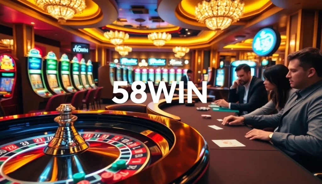 Experience the excitement at 58WIN’s casino tables with players enjoying poker and roulette under vibrant lights.