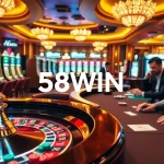 Experience the excitement at 58WIN’s casino tables with players enjoying poker and roulette under vibrant lights.