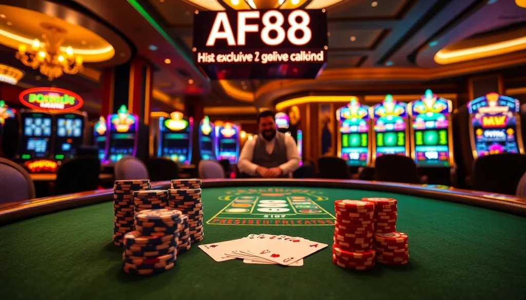 AF88 highlights a high-stakes poker table with vibrant chips and cards, showcasing a luxury casino experience.