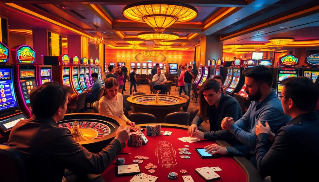 Players enjoying a casino experience featuring 88AA, with vibrant slots and strategic poker tables.