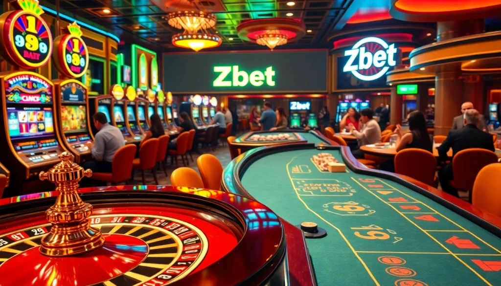Exciting scene at Zbet casino with players at tables enjoying poker and roulette, celebrating wins.