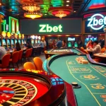 Exciting scene at Zbet casino with players at tables enjoying poker and roulette, celebrating wins.