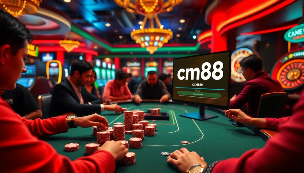 cm88 showcases a thrilling casino scene with poker chips, cards, and betting excitement.