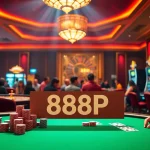 Playing poker at the 888P table with chips and cards, capturing casino excitement.