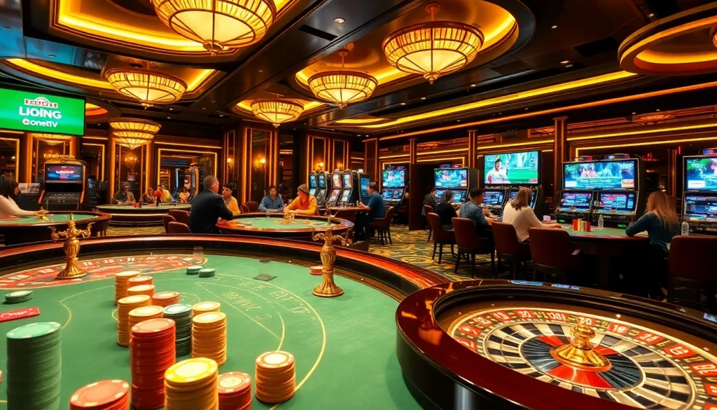 Experience thrilling gameplay at luongsontv’s luxury casino, featuring poker tables, roulette wheels, and vibrant slot machines.