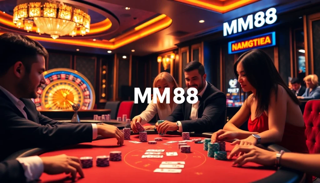 MM88 casino experience with players engaged at a poker table, showcasing excitement and high stakes.