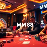 MM88 casino experience with players engaged at a poker table, showcasing excitement and high stakes.