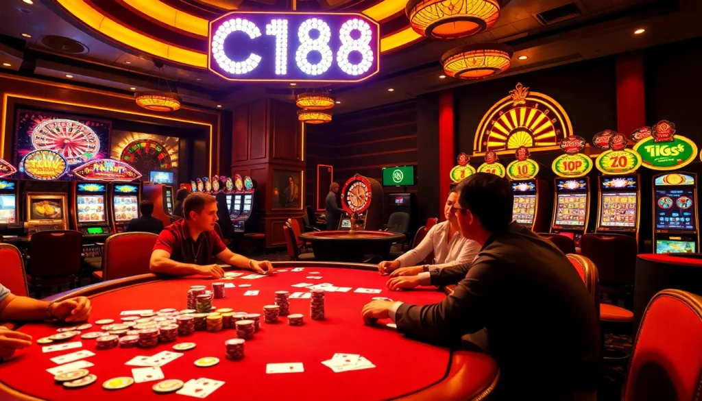 Engaging casino atmosphere featuring players at a poker table, C168 illuminated above showcasing premium gaming experience.