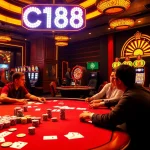Engaging casino atmosphere featuring players at a poker table, C168 illuminated above showcasing premium gaming experience.