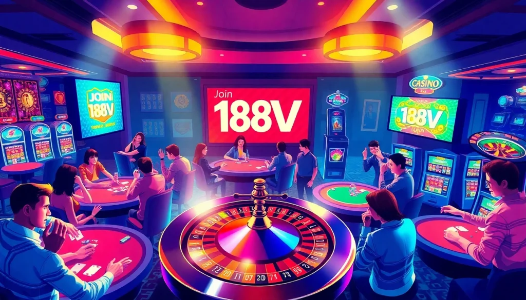 Exciting casino scene with players at poker tables and roulette wheel, discover 188V for thrilling gaming experiences.