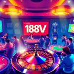 Exciting casino scene with players at poker tables and roulette wheel, discover 188V for thrilling gaming experiences.