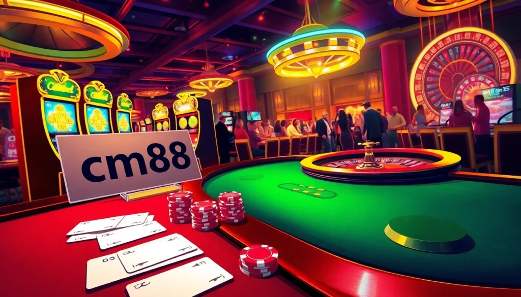 Experience the thrill at a glamorous casino featuring cm88 branding on poker chips amidst dynamic gameplay.