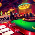 Experience the thrill at a glamorous casino featuring cm88 branding on poker chips amidst dynamic gameplay.