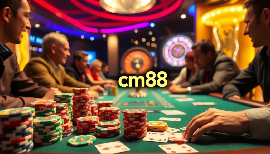 Players enjoying high-stakes poker with cm88 chips in a lively casino setting.