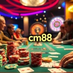 Players enjoying high-stakes poker with cm88 chips in a lively casino setting.