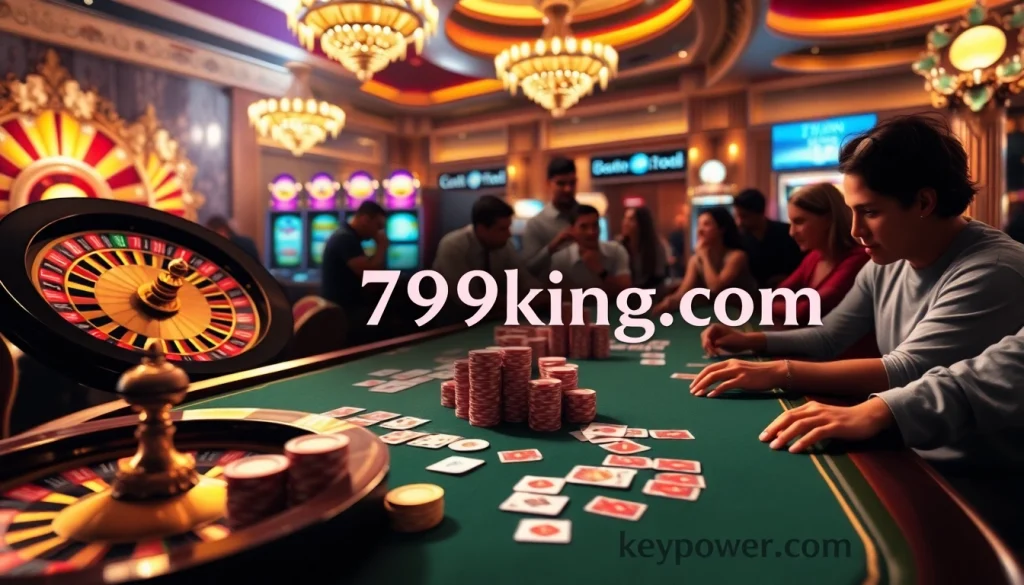 Experience the thrilling game atmosphere of 79king.com featuring poker, roulette, and slot machines in a luxurious casino setting.