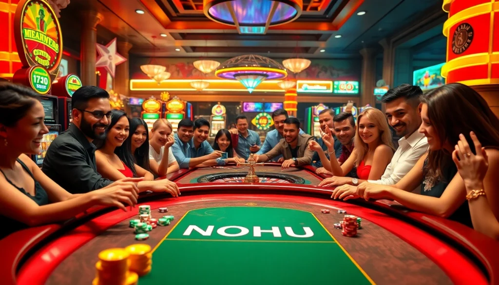 NOHU casino scene with players at a vibrant poker table, excitement overflowing.