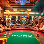 NOHU casino scene with players at a vibrant poker table, excitement overflowing.