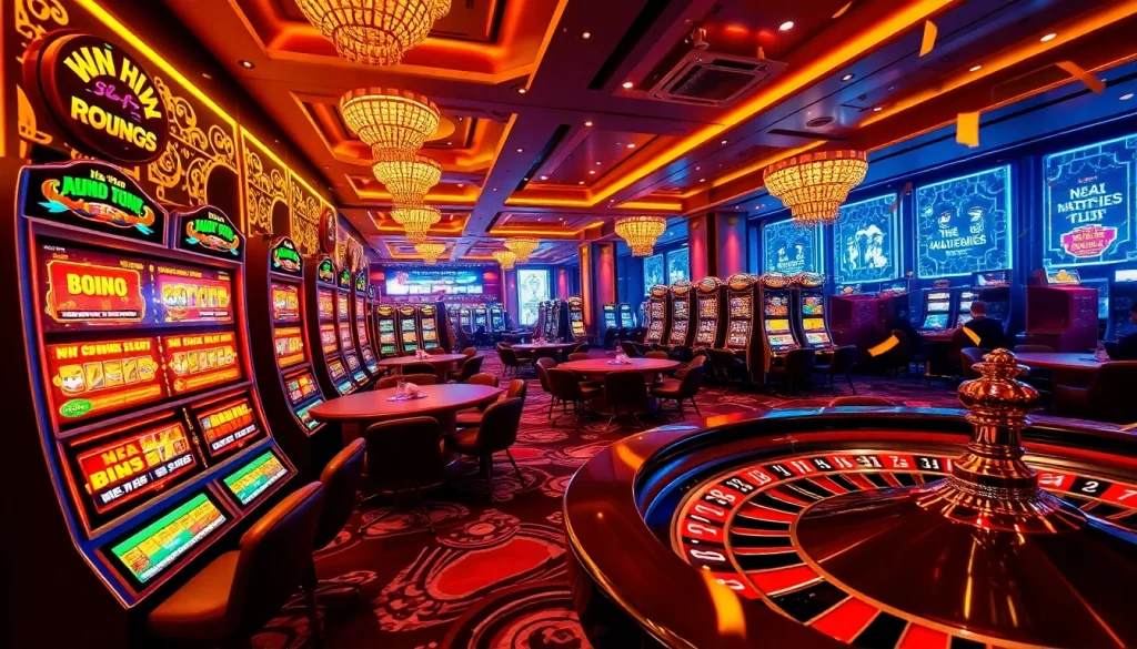 Exciting Nỏ Hũ Happyluke game experience with vibrant slot machines, poker action, and high-stakes thrill.