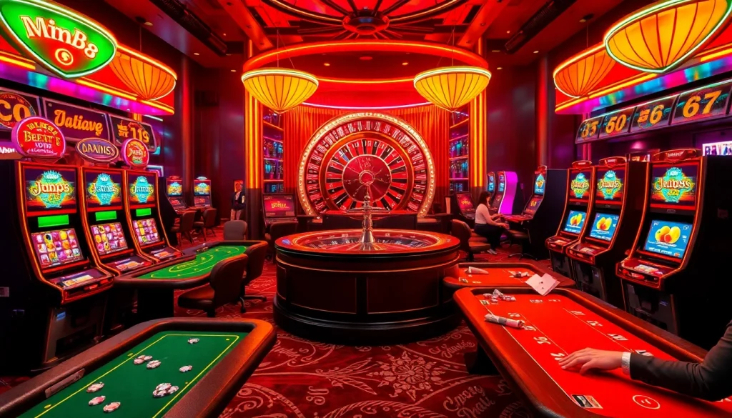 Exciting game scene at MM88 casino showcasing roulette, poker, and vibrant slot machines.