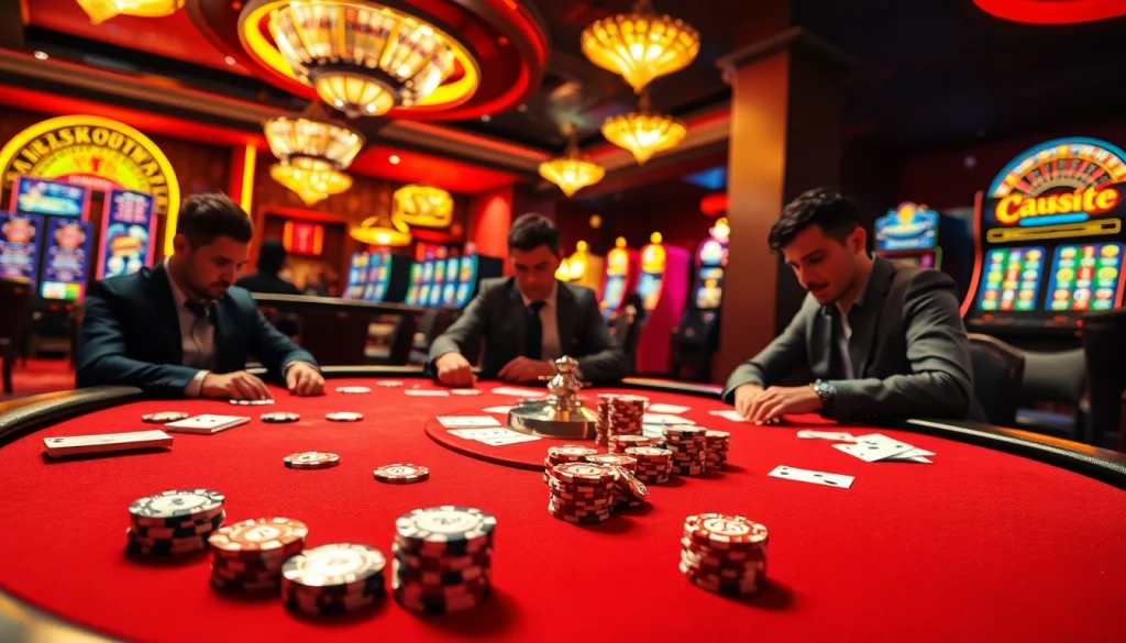KJC poker table action with vibrant chips and intense gameplay atmosphere.