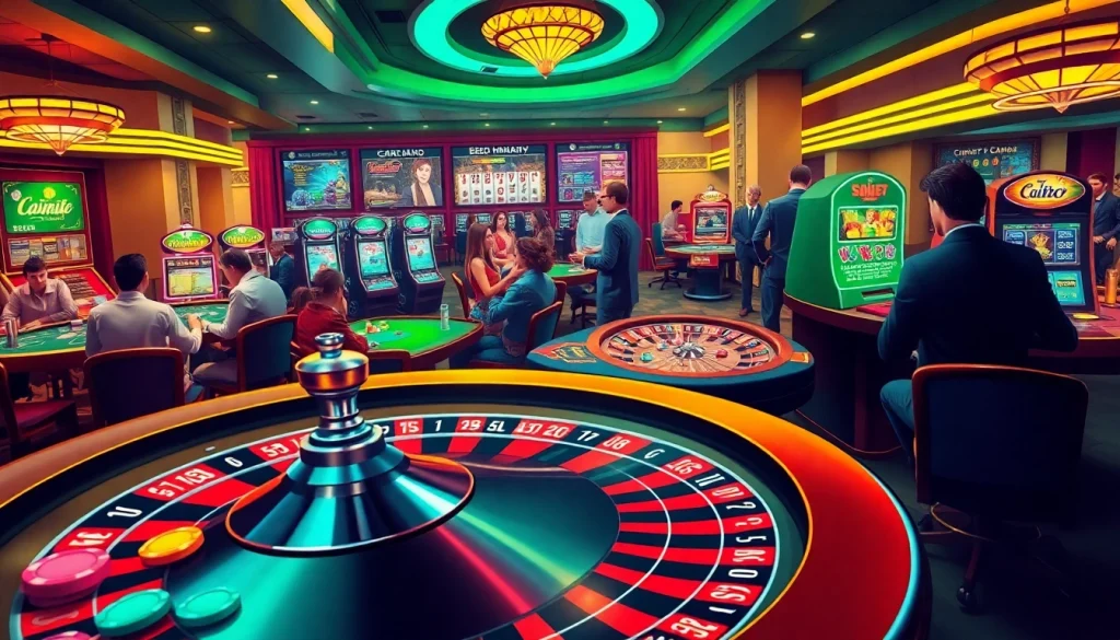 39bet casino atmosphere with players engaged at roulette wheel and virtual games.