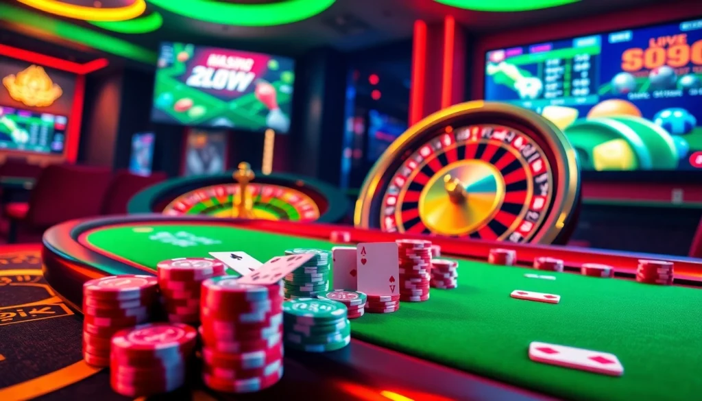 Experience the excitement of MM88 with vibrant casino tables featuring poker chips and live sports betting.