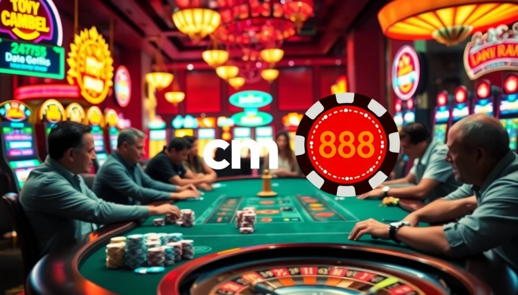cm88 branded poker chips and players engaged in a high-stakes casino game