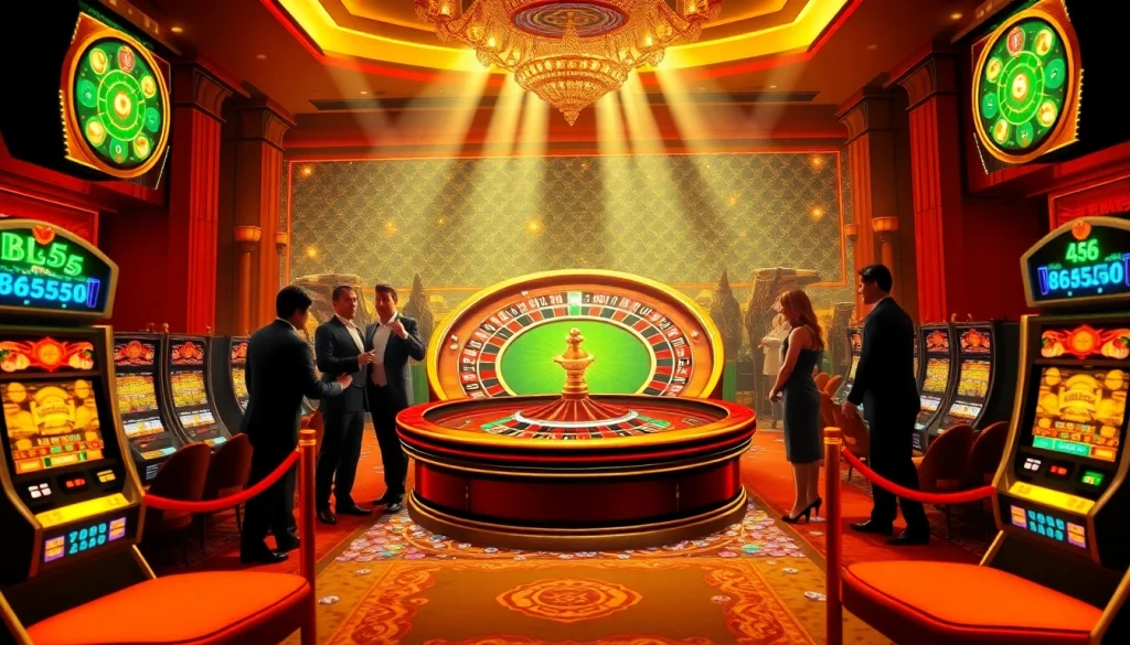 Experience the excitement of winning at BL555 with a vibrant casino scene featuring roulette and slot machines.