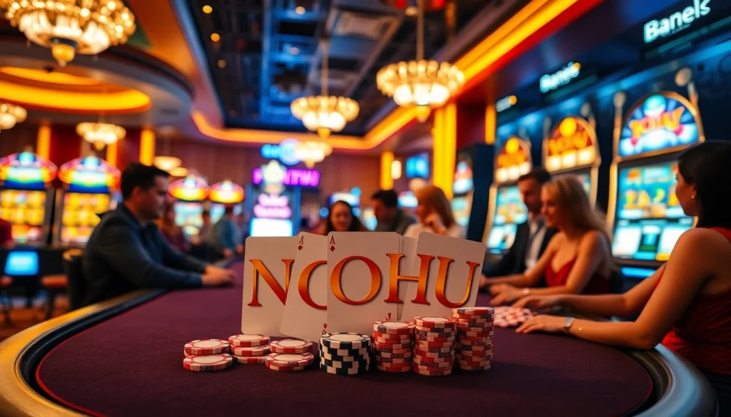 Experience the thrill of the casino at NOHU with players gathered around a vibrant poker table.
