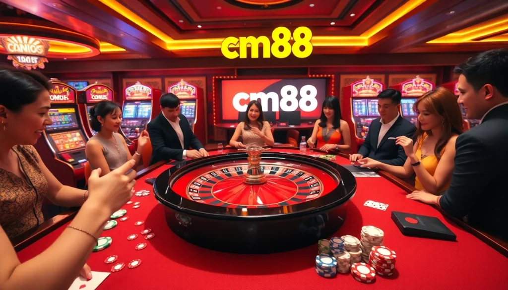 Players enjoy the thrilling experience of cm88 at a busy roulette table in an exciting casino atmosphere.