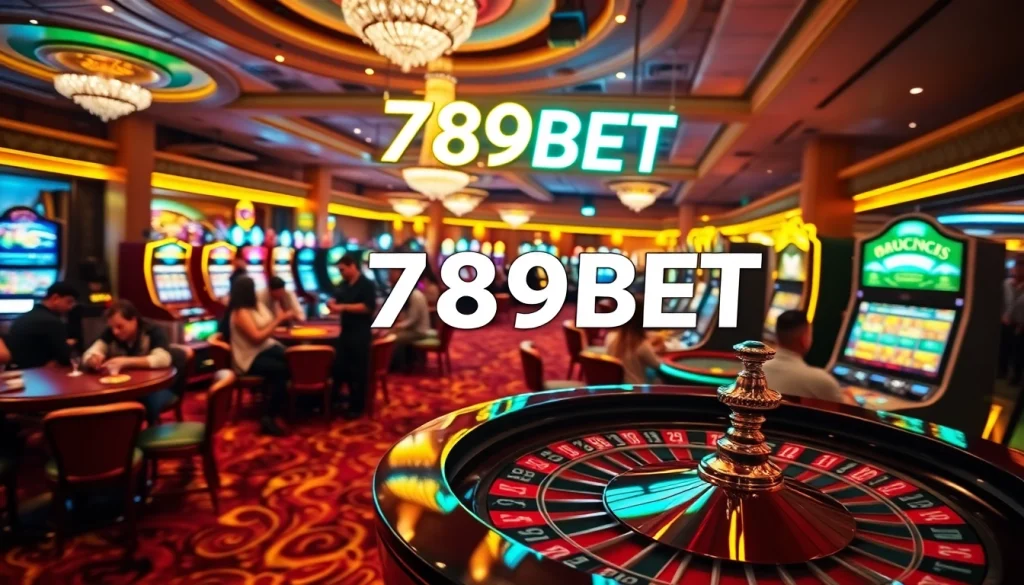 Players enjoy thrilling games at 789BET, featuring roulette and slot machines in a lavish casino setting.